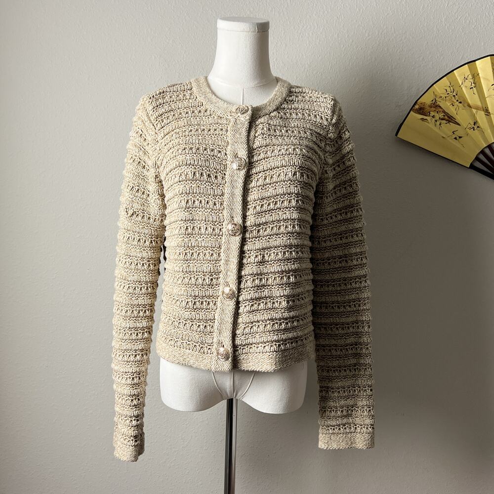 loft beige cotton chunky knit old money preppy button cardigan sweater